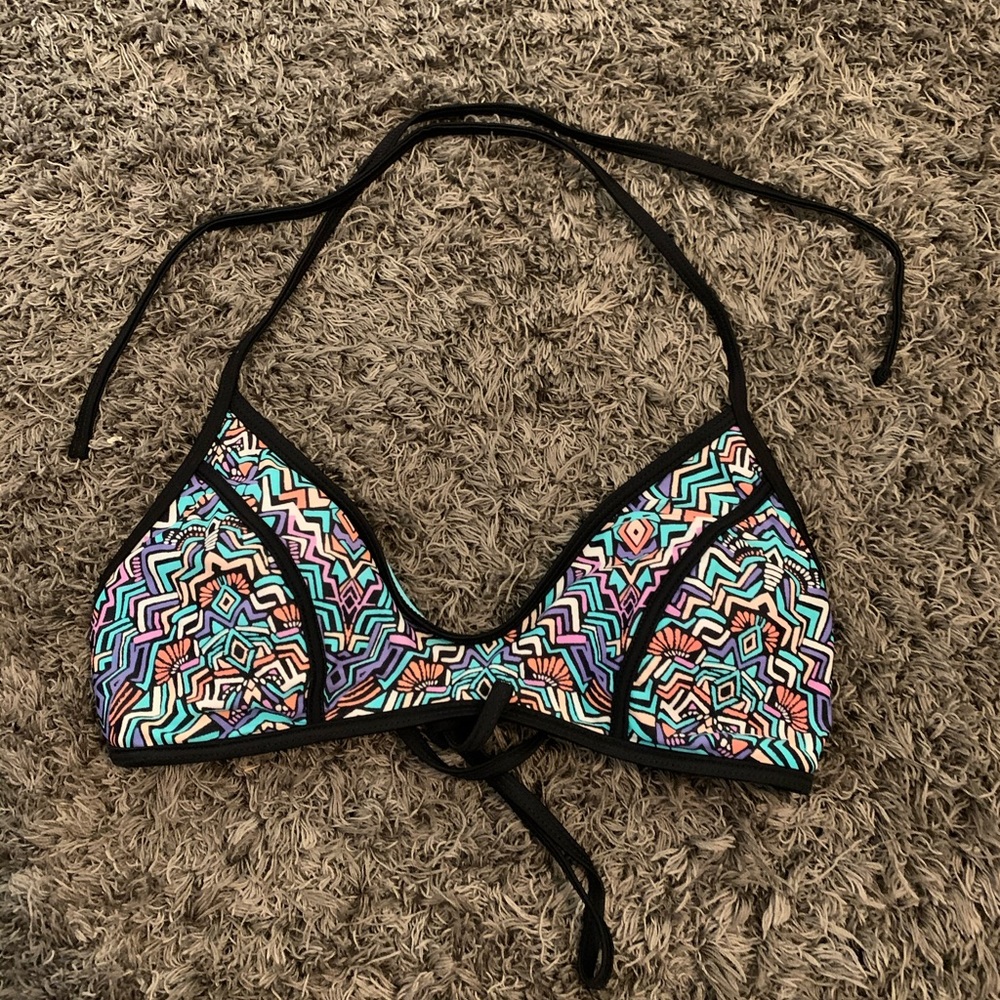Multicolor bathing suit top and black bottoms